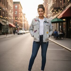 Women's Denim Jacket with Colorful Patches